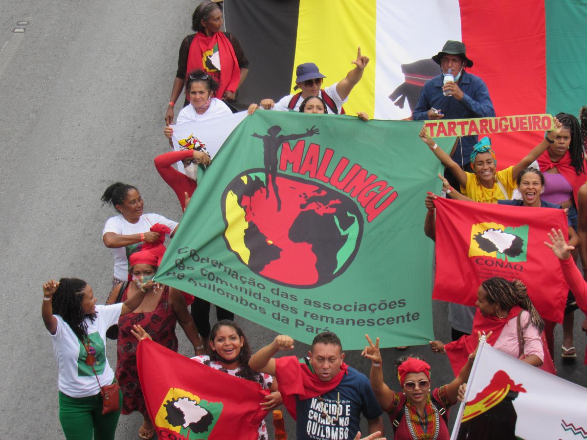 Imagem mostra pessoas segurando a bandeira da Malungu acima da cabeça