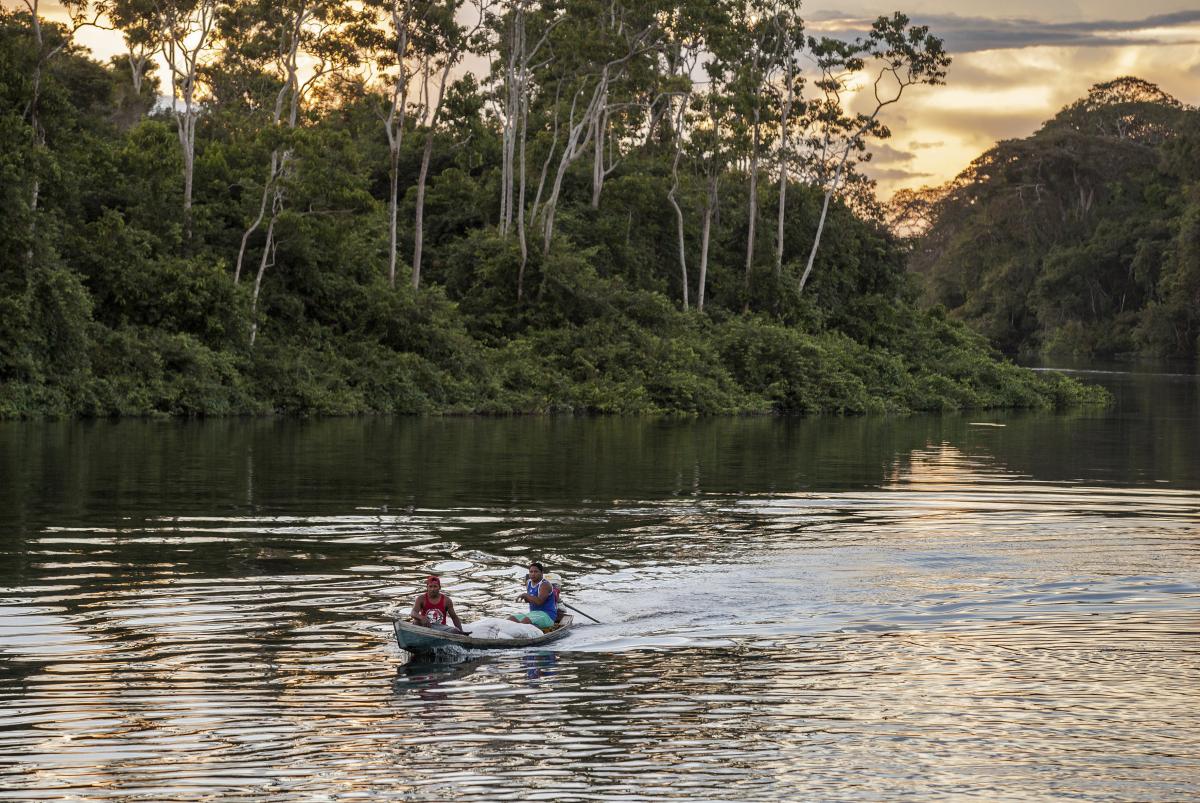 Os irmãos Marlon Sandro Araujo Rodrigues e José Andrade Araujo Rodrigues com sua coleta de castanhas na Reserva Extrativista do Rio Iriri (PA)