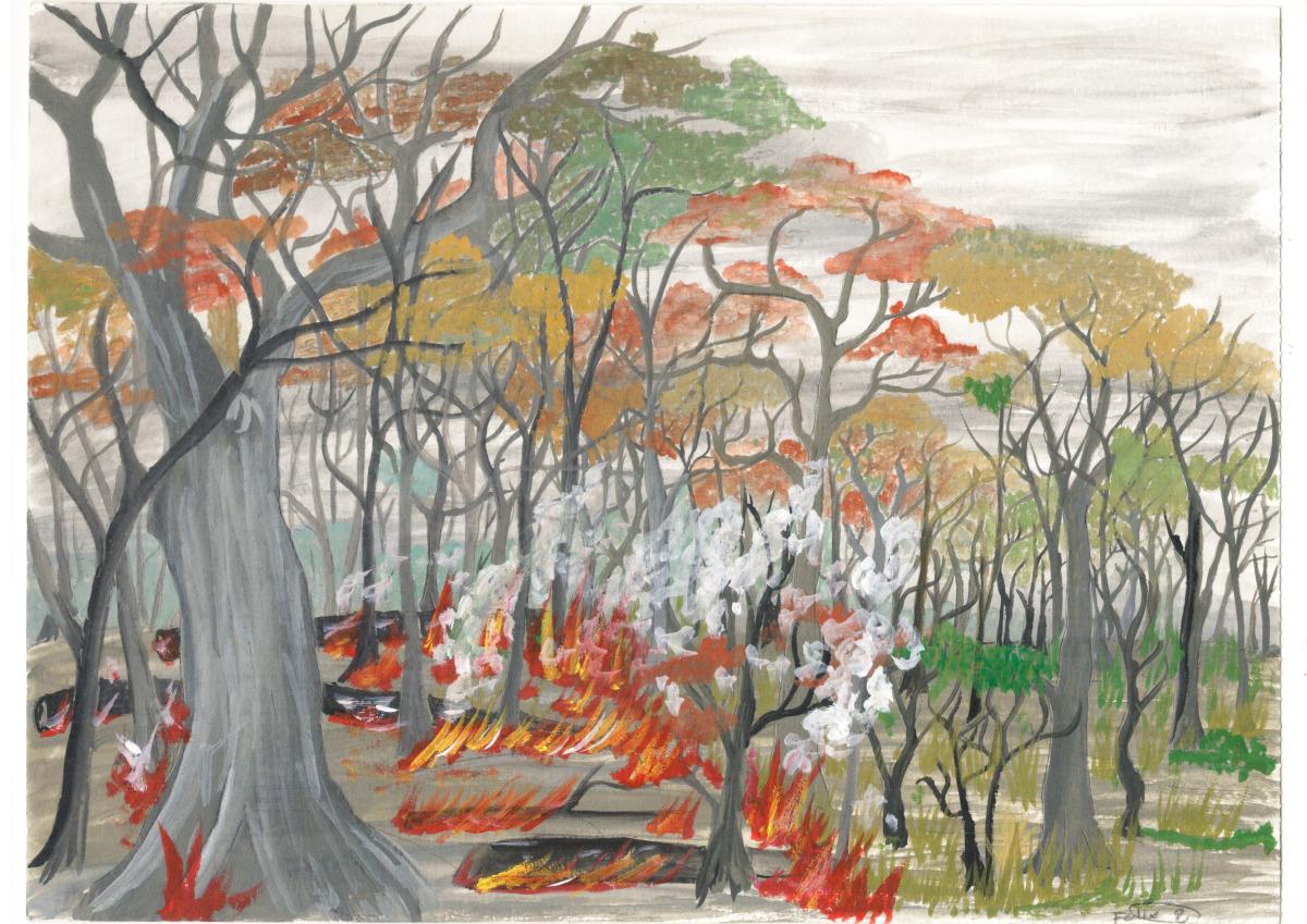 Ilustração mostra árvores e fogo