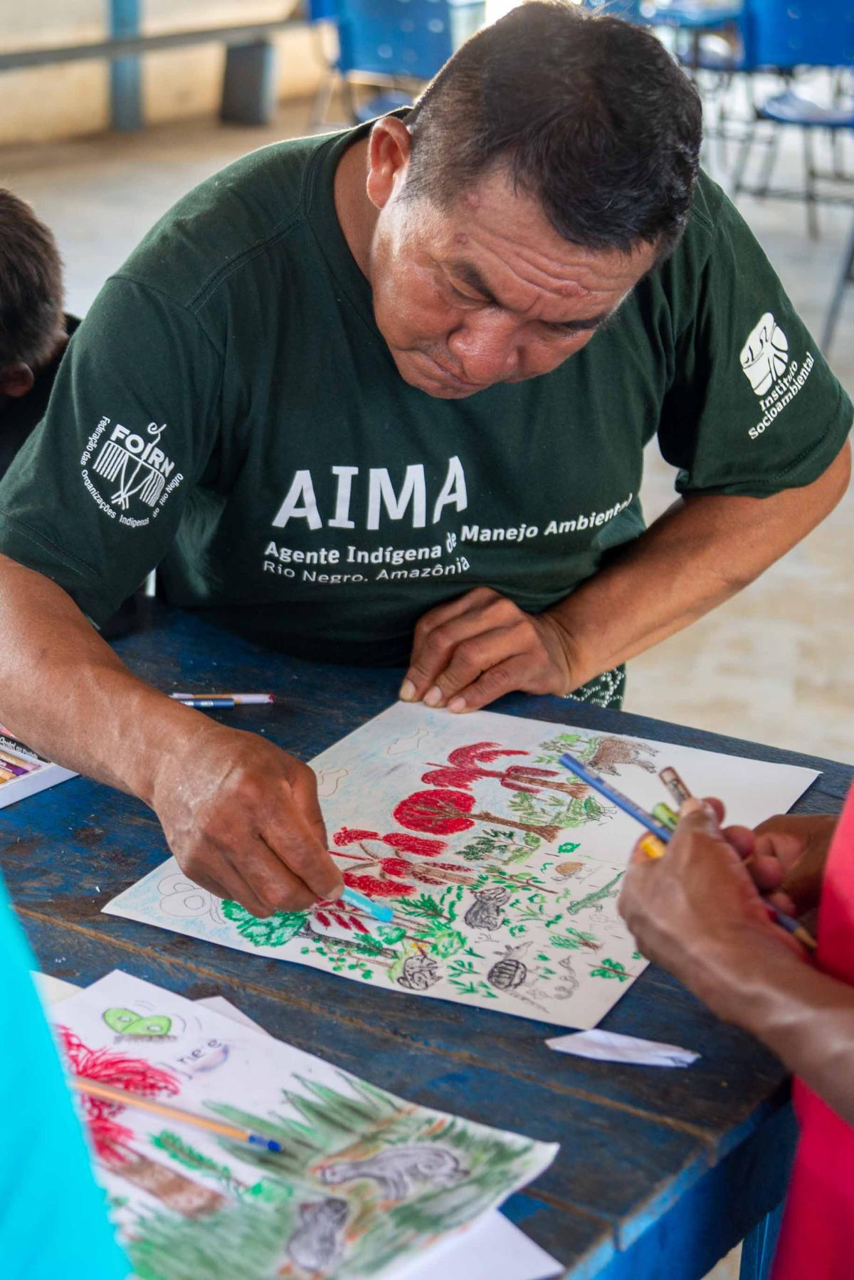 Ismael dos Santos desenha o perfil de uma capoeira intermediária, com destaque para o desenho de árvores cultivadas (vermelho)