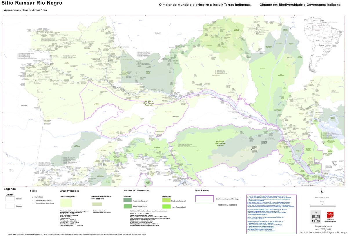 Mapa mostra região do Sítio Ramsar, no Rio Negro 